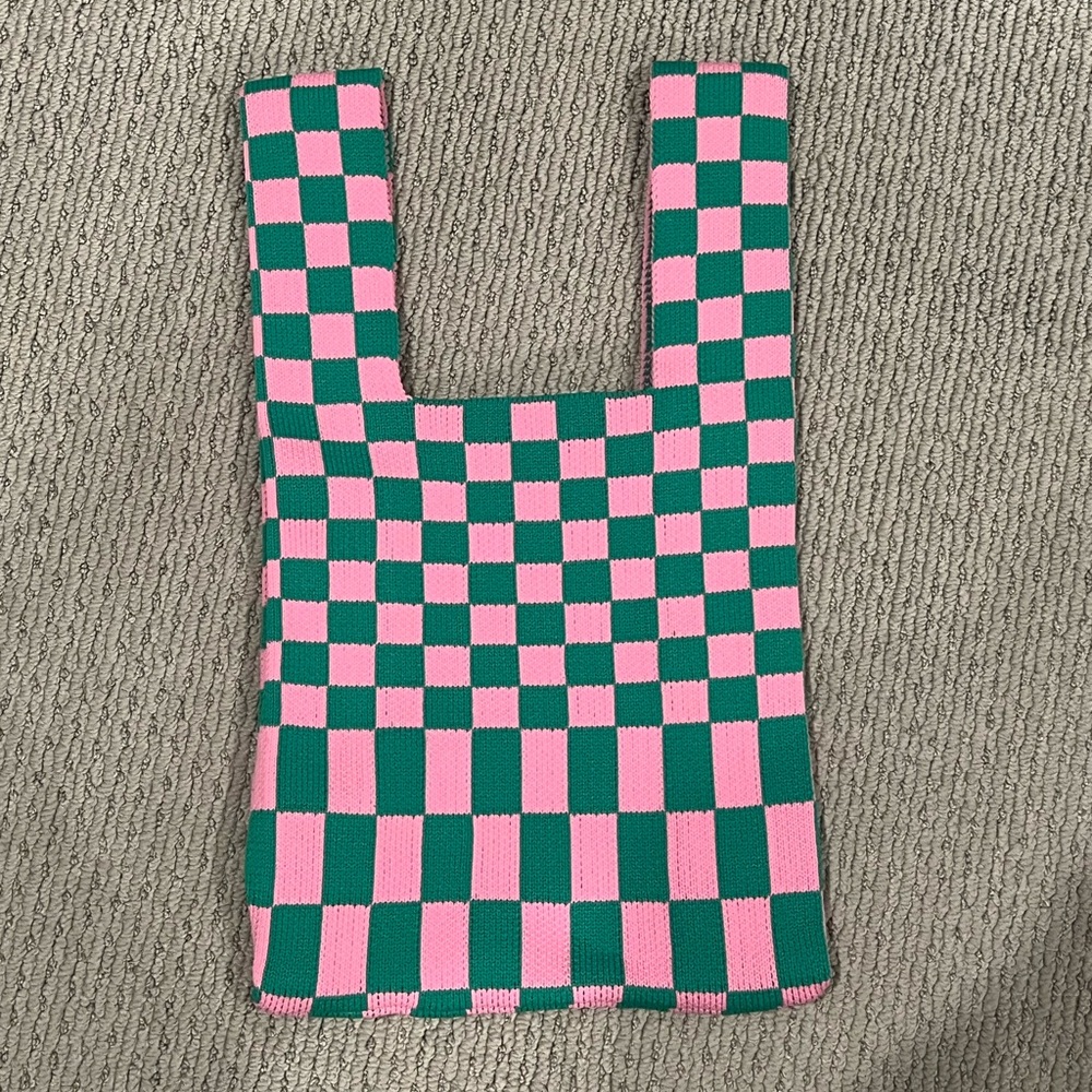 Pink and Green Checkered Knit Bag